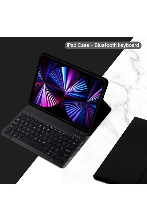 Ipad 8. ve 9. Nesil 2020 /2021 10.2 Inç Tablet Uyumlu Bluetooth Klavyeli Kılıf (Türkçe Klavye)