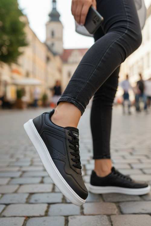 Unisex Siyah Suni Deri Spor Ayakkabı Beyaz Düz Tabanlı Ve Perfore Detaylı Günlük Casual Sneaker