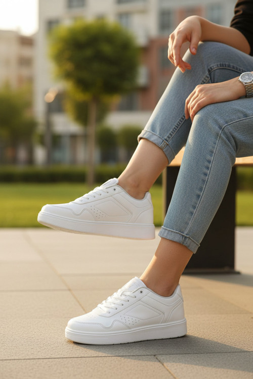 Unisex Siyah Suni Deri Spor Ayakkabı Beyaz Düz Tabanlı Ve Perfore Detaylı Günlük Casual Sneaker
