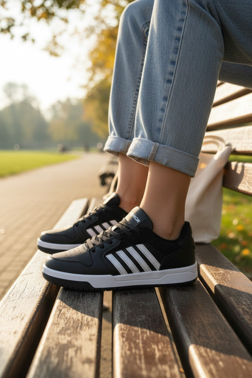 Kadın Spor Ayakkabı Şeritli Kauçuk Görünümlü Tabanlı Casual Sneaker
