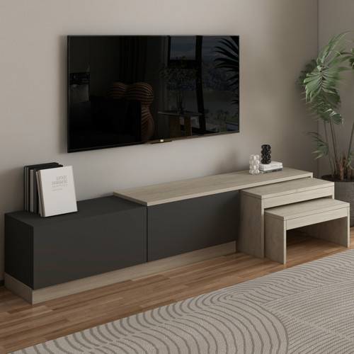 Nest TV Sehpası – Modern Tasarım,2 Kapaklı Depolama ve İkili Zigon Sehpa ile Fonksiyonel Mobilya