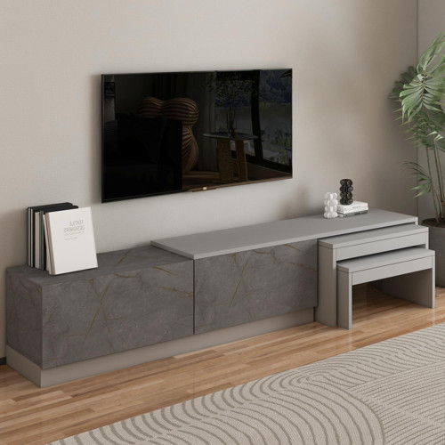Nest TV Sehpası – Modern Tasarım,2 Kapaklı Depolama ve İkili Zigon Sehpa ile Fonksiyonel Mobilya