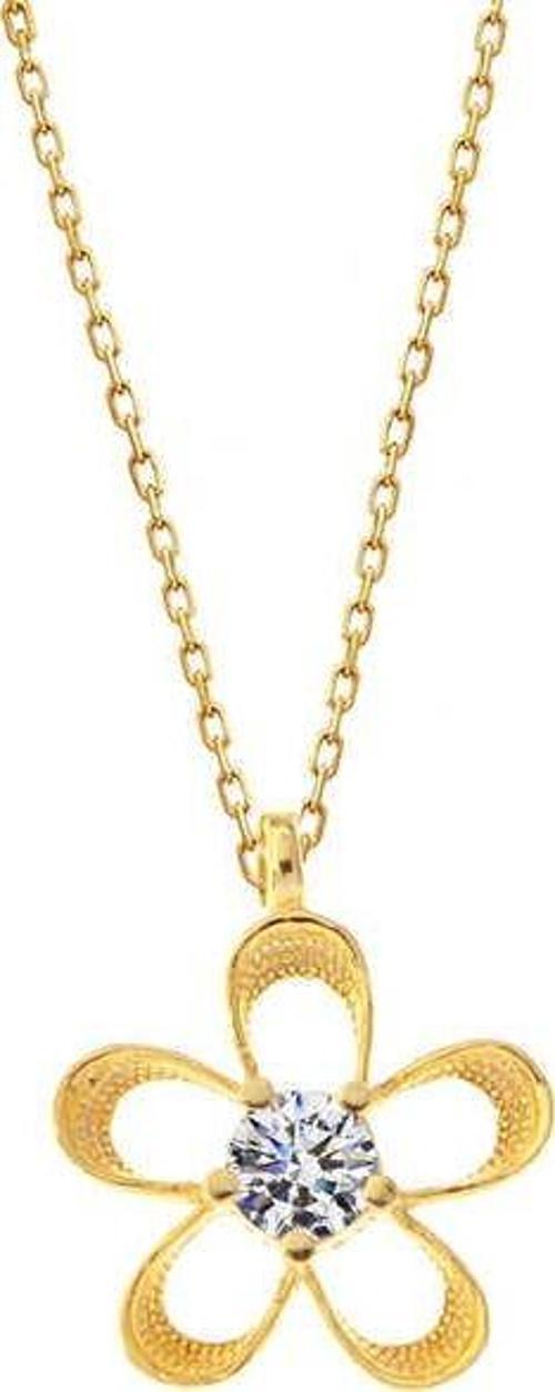 ​925 Ayar Gümüş Gold Zirkon Taşlı Çiçek Kadın Kolye