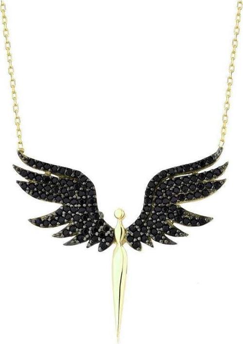 Mikail Kolye Serisi Siyah Zirkon Taşlı Kanat Kadın Kolye 925 Gümüş Zincirli