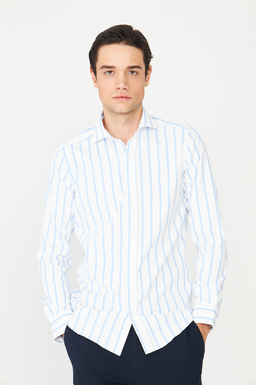 Mavi Çizgili Uzun Kollu Gömlek Slim Fit