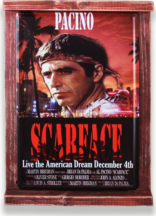 Rustik Ahşap Çerçeveli Vintage Metal Pano Scarface 20x30