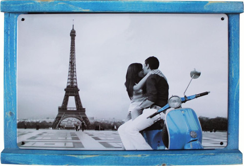 Rustik Ahşap Çerçeveli Vintage Metal Pano Eiffel 20x30