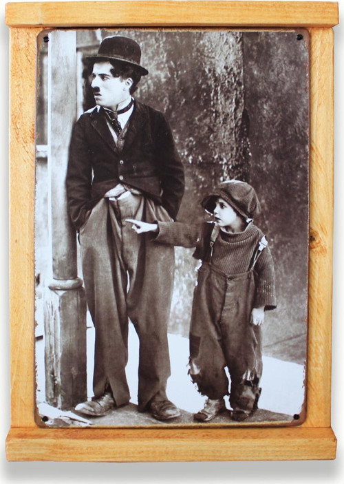 Rustik Ahşap Çerçeveli Vintage Metal Pano Charlie Chaplin 20x30