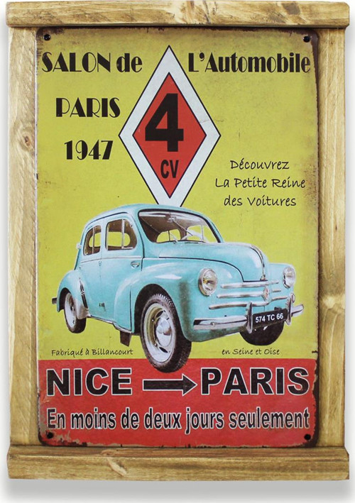 Rustik Ahşap Çerçeveli Vintage Metal Pano Nice Paris 20x30