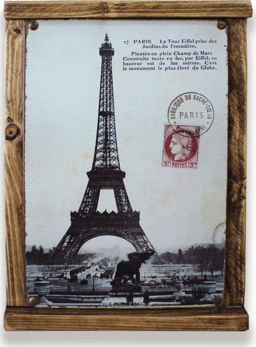 Rustik Ahşap Çerçeveli Vintage Metal Pano Paris Mail 20x30