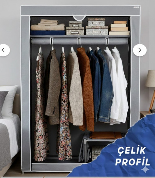Basic Portatif Bez Dolap | Metal İskeletli Kumaş Gardırop Gri