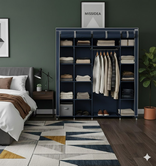 Xtra Yandan Portatif Bez Dolap Metal İskeletli Askılı Raflı Kumaş Gardırop Lacivert