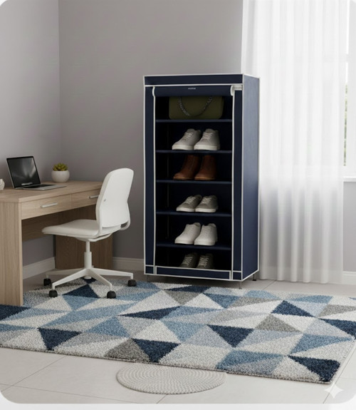 7 Raflı Bez Dolap Metal Profilli Portatif Ayakkabılık