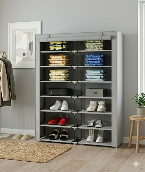 2 Bölmeli Metal Profilli Bez Dolap Ayakkabılık Gri