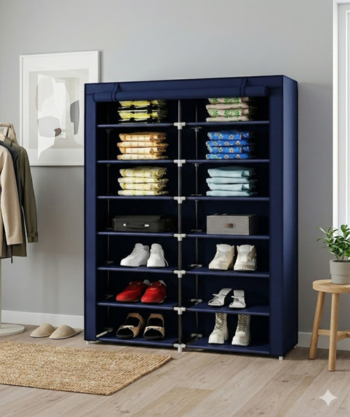 2 Bölmeli Metal Profilli Bez Dolap Ayakkabılık Lacivert