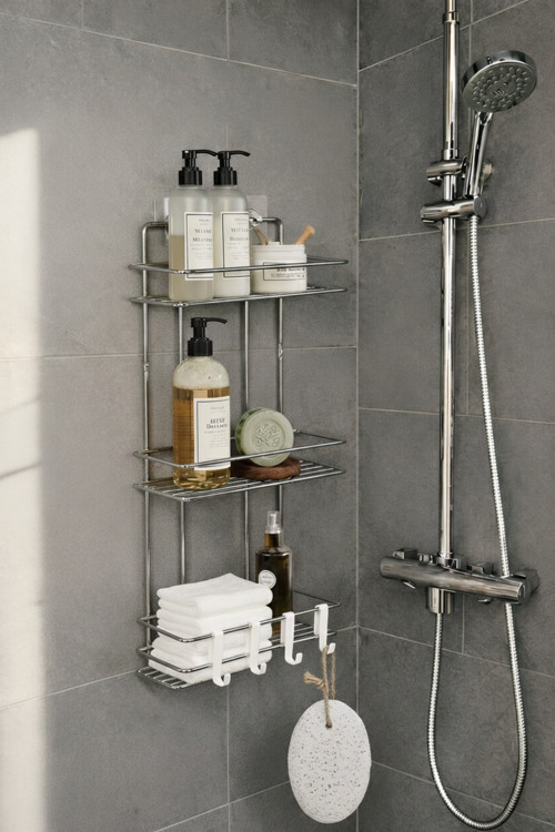 Krom 3 Katlı Banyo Rafı Şampuanlık Ve Duş Rafı Askılı Yapışkanlı Duvara Monte TŞ-03