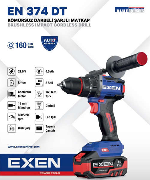 EN 374 DT - 21V 4Ah 160N.m Kömürsüz Darbeli Şarjlı Matkap - Çift Akü 2x4 Ah