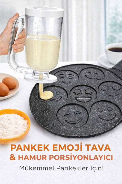 Döküm Emoji Pankek Tavası ve Beyaz Hamur Porsiyonlayıcı Seti – Şekilli Pankek & Krep Tavası