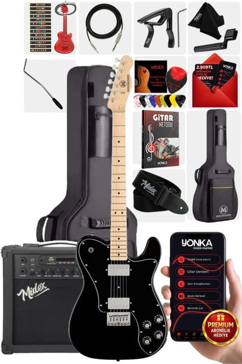 TLX-60BK-25AMP Telecaster Maple Klavye HH 25W Amfili Elektro Gitar Seti