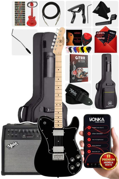 TLX-60BK-50AMP Telecaster Maple Klavye HH 50W Amfili Elektro Gitar Seti