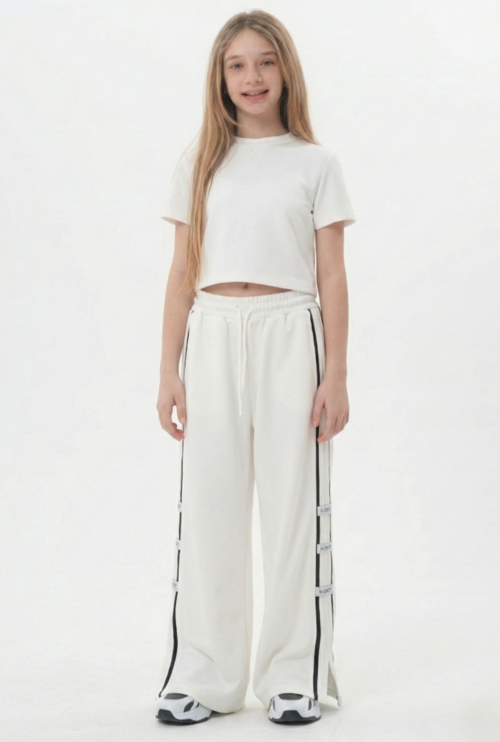 Kız Çocuk / Genç Kız Beyaz Şerit Detaylı Yırtmaçlı Bol Paça Palazzo Eşofman Takımı