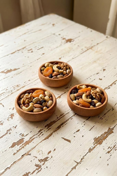 3 Parça Doğal Kayın Ağacı Ahşap Çerezlik Kaseler - 10 cm Kahvaltılık ve Mezze Sosluk Seti