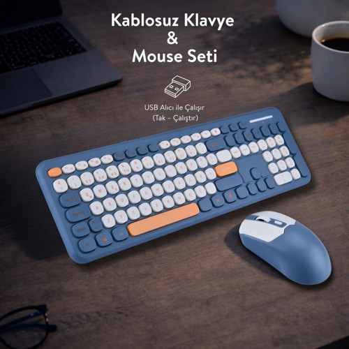 Soft Touch Kablosuz Klavye Mouse Set Lacivert + Beyaz Renk