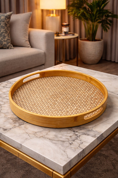 1 Adet Büyük Boy Bambu Yuvarlak Tepsi Sunum Servis Tepsisi 35cm