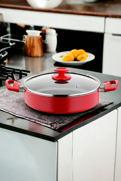 24 cm Redio Serisi Karnıyarık Tenceresi Yapışmaz Taban Cam Kapaklı Kırmızı Tencere | PTFE Kaplama