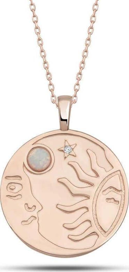 925 Ayar Gümüş Rose Opal Beyaz Taşlı Ay Güneş Kadın Kolye