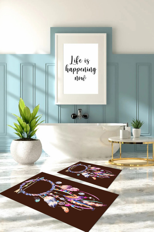 Dijital Baskılı Yıkanabilir Kaymaz Taban Kuş Tüyü Desenli Banyo Paspası Klozet Takımı