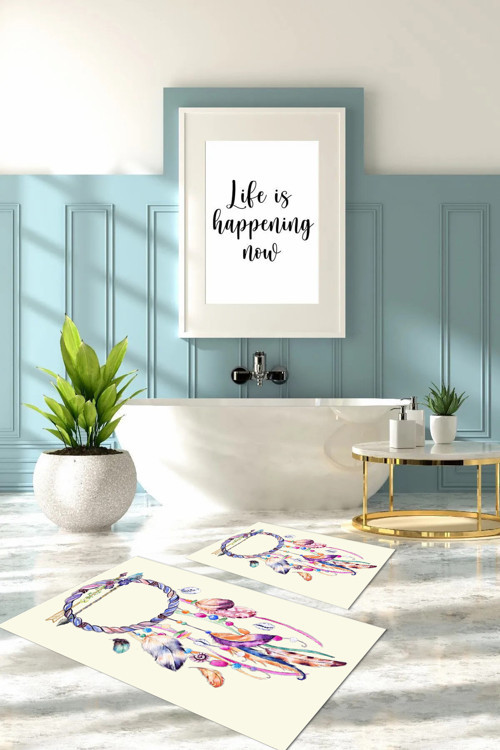 Dijital Baskılı Yıkanabilir Kaymaz Taban Kuş Tüyü Desenli Banyo Paspası Klozet Takımı