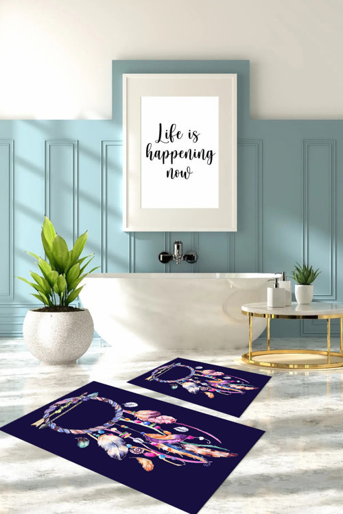 Dijital Baskılı Yıkanabilir Kaymaz Taban Kuş Tüyü Desenli Banyo Paspası Klozet Takımı