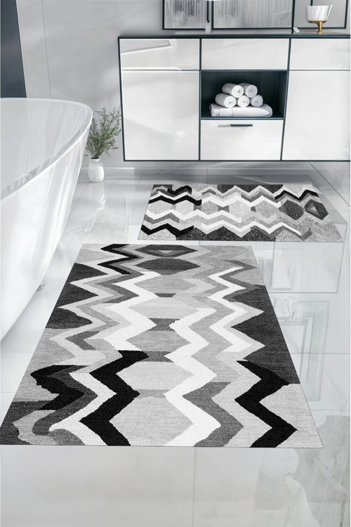 Dijital Baskılı Yıkanabilir Kaymaz Taban Sade Zigzag Model Banyo Paspası Klozet Takımı