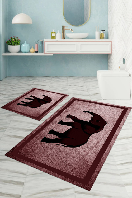 Dijital Baskılı Yıkanabilir Kaymaz Taban Fil Figürlü Banyo Paspası Klozet Takımı