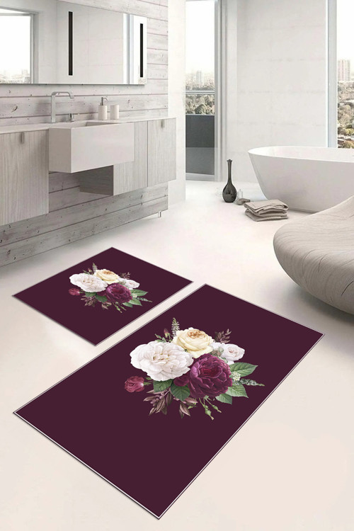 Dijital Baskılı Yıkanabilir Kaymaz Taban Çiçek Motifli Banyo Paspası Klozet Takımı