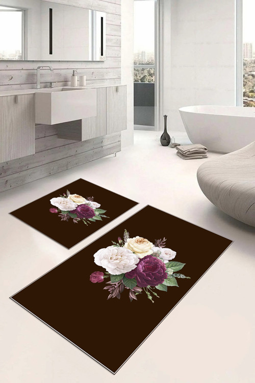 Dijital Baskılı Yıkanabilir Kaymaz Taban Çiçek Motifli Banyo Paspası Klozet Takımı
