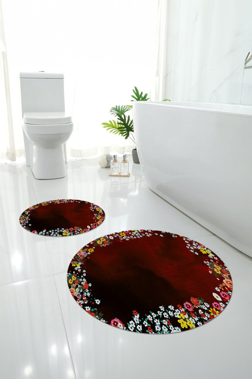 Dijital Yıkanabilir Renkli Çiçek Desenli Yuvarlak Banyo Paspası Klozet Takımı