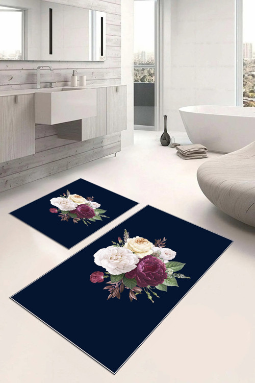 Dijital Baskılı Yıkanabilir Kaymaz Taban Çiçek Motifli Banyo Paspası Klozet Takımı