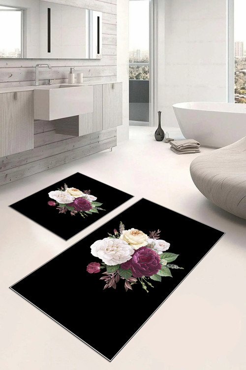 Dijital Baskılı Yıkanabilir Kaymaz Taban Çiçek Motifli Banyo Paspası Klozet Takımı