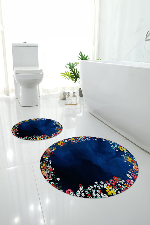 Dijital Yıkanabilir Renkli Çiçek Desenli Yuvarlak Banyo Paspası Klozet Takımı