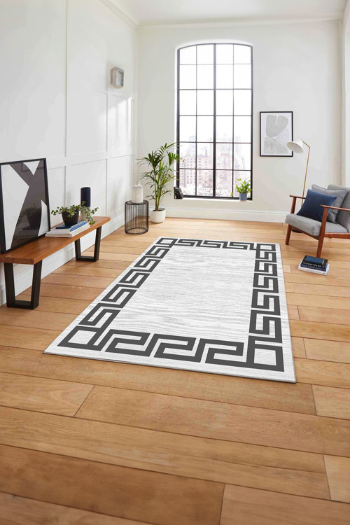 Çerçeveli Geometrik Kenar Detay Yıkanabilir Kaymaz Taban Yolluk Mutfak Salon Halısı