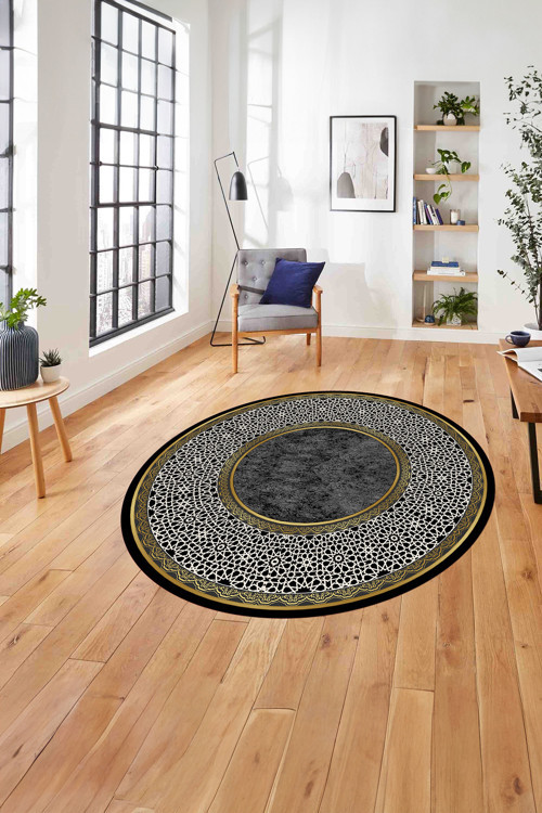 Çerçeveli Klasik Şekilli Modern Yıkanabilir Kaymaz Taban Yuvarlak Salon Halısı