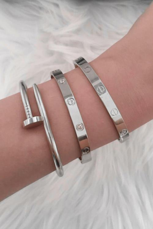 Gümüş Kaplama Kombin Çivi, Taşlı Ve Taşsız Kelepçe Bileklik - 451