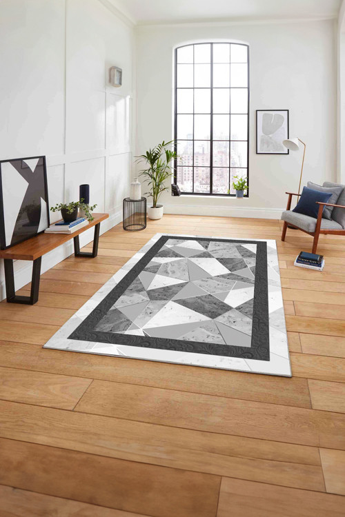 Çerçeveli Modern Mermer Detaylı Yıkanabilir Kaymaz Taban Yolluk Mutfak Salon Halısı