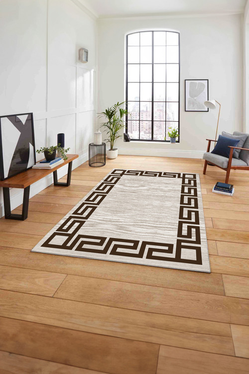 Çerçeveli Geometrik Kenar Detay Yıkanabilir Kaymaz Taban Yolluk Mutfak Salon Halısı