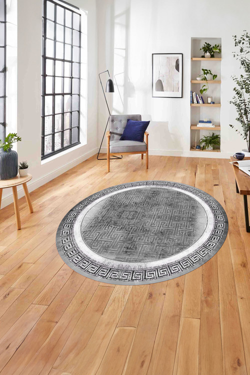 Çerçeveli Klasik Desenli Yıkanabilir Kaymaz Taban Yuvarlak Salon Halısı