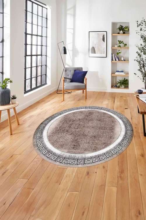 Çerçeveli Klasik Desenli Yıkanabilir Kaymaz Taban Yuvarlak Salon Halısı