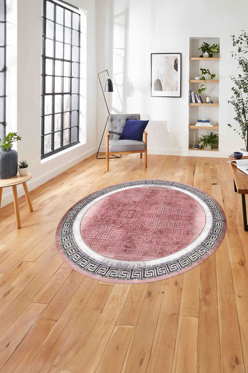 Çerçeveli Klasik Desenli Yıkanabilir Kaymaz Taban Yuvarlak Salon Halısı
