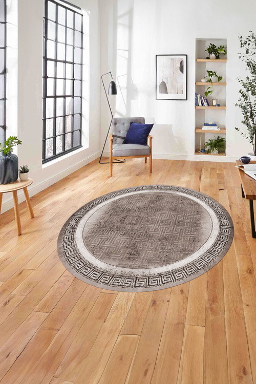 Çerçeveli Klasik Desenli Yıkanabilir Kaymaz Taban Yuvarlak Salon Halısı